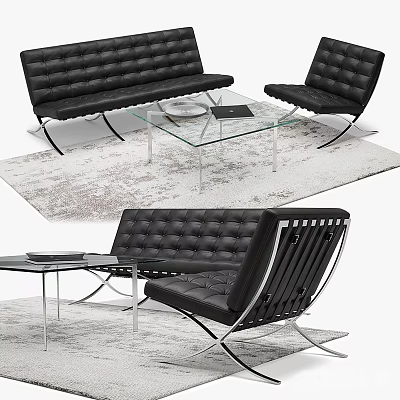 Modern Black Leather Sofa And Glass Coffee Table Set With Metal Frame And Area Rug 3d model