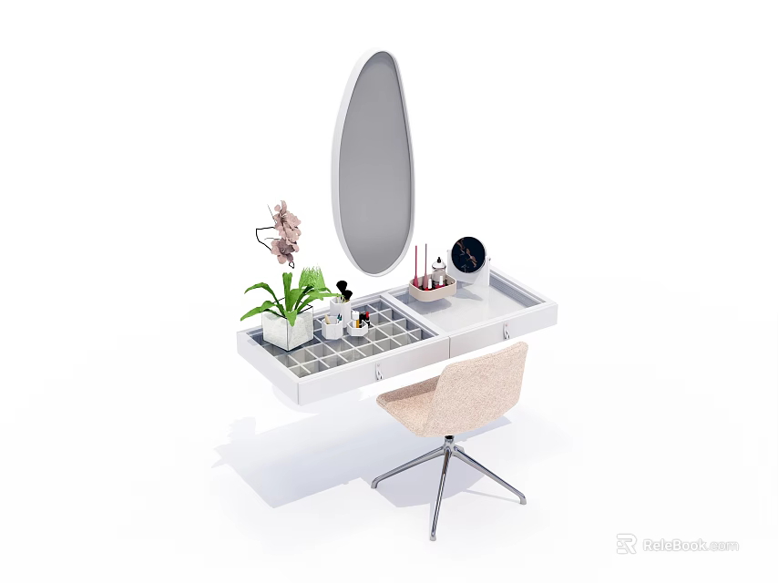 White Modern Vanity Table With Oval Mirror Cosmetic Organizers Potted Plant And Accent Chair 3d model 