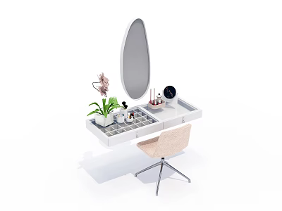 White Modern Vanity Table With Oval Mirror Cosmetic Organizers Potted Plant And Accent Chair 3d model