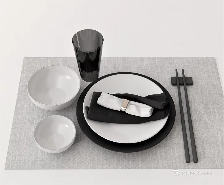 Modern Dinnerware Set With White Bowls Black Cup Plate Napkin Chopsticks On Gray Placemat 3d model 