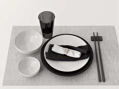 Modern Dinnerware Set With White Bowls Black Cup Plate Napkin Chopsticks On Gray Placemat 3d model