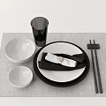 Modern Dinnerware Set With White Bowls Black Cup Plate Napkin Chopsticks On Gray Placemat