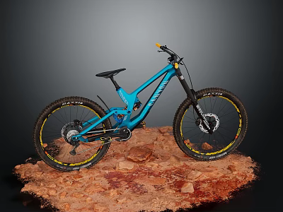 Blue Mountain Bike Showcased on Red Rocky Surface with Sturdy Frame Design 3d model