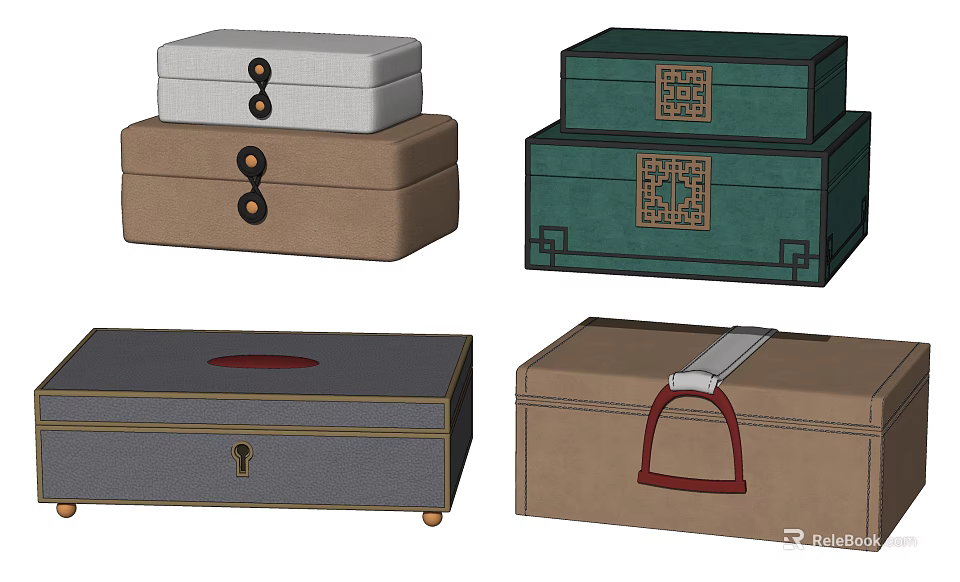 Traditional Patterned Storage Boxes In Various Colors With Handles Lock And Wheels 3d model 