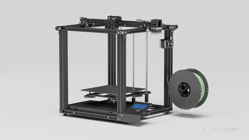 Black Frame 3D Printer With Transparent Panels Build Plate And Green Filament Spool 3d model 