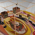 Art Installation With Golden Frame Structure Hanging Decorative Cubes And Colorful Spiral Floor Pattern