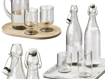 Clear Glass Cups With Bottles On Wooden And Marble Trays For Kitchen Dining 3d model