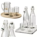 Clear Glass Cups With Bottles On Wooden And Marble Trays For Kitchen Dining