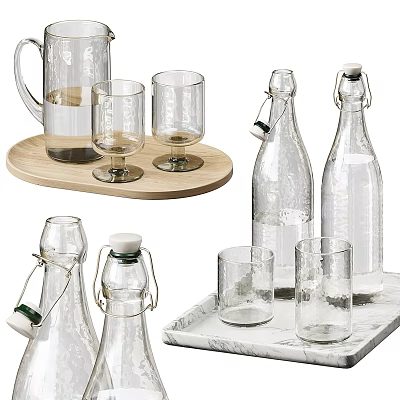 Clear Glass Cups With Bottles On Wooden And Marble Trays For Kitchen Dining 3d model