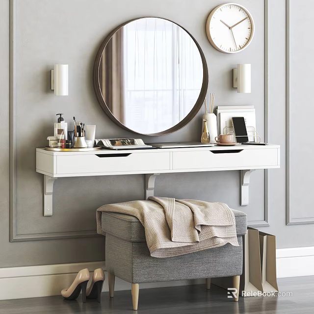 White Wall Mounted Dressing Table With Round Mirror Wall Sconces And Cosmetics On Gray Wall 3d model