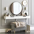 White Wall Mounted Dressing Table With Round Mirror Wall Sconces And Cosmetics On Gray Wall 3d model