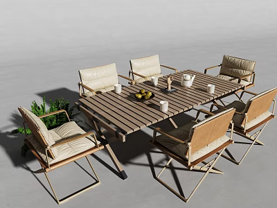 Wooden Outdoor Dining Table With Comfortable Beige Chairs And Tabletop Cups Fruits 3d model