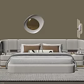 White Upholstered Double Bed With Brown White Pillows Bedside Tables Round Mirror Striped Rug