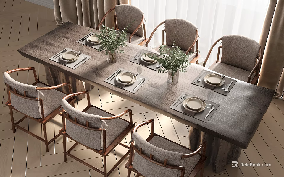 Rustic Wooden Dining Table Set With Upholstered Chairs Plates Placemats And Green Plants 3d model 