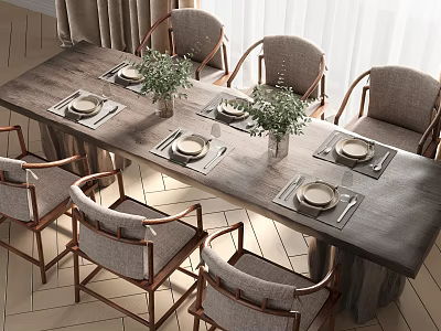 Rustic Wooden Dining Table Set With Upholstered Chairs Plates Placemats And Green Plants 3d model