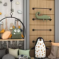 Kids Sports Equipment in Playroom with Toy Shelves and Stuffed Animals