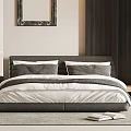 Modern Double Bed with Gray Headboard White Bedding Pillows and Wall Art in Minimalist Bedroom