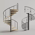 Modern Spiral Staircases With Wooden Black Steps And Metal Grid Railings Design