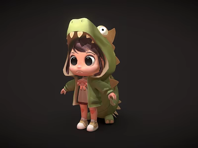 Cute Little Girl 3D Model Wearing Green Dinosaur Coat With Hood and Big Eyes 3d model