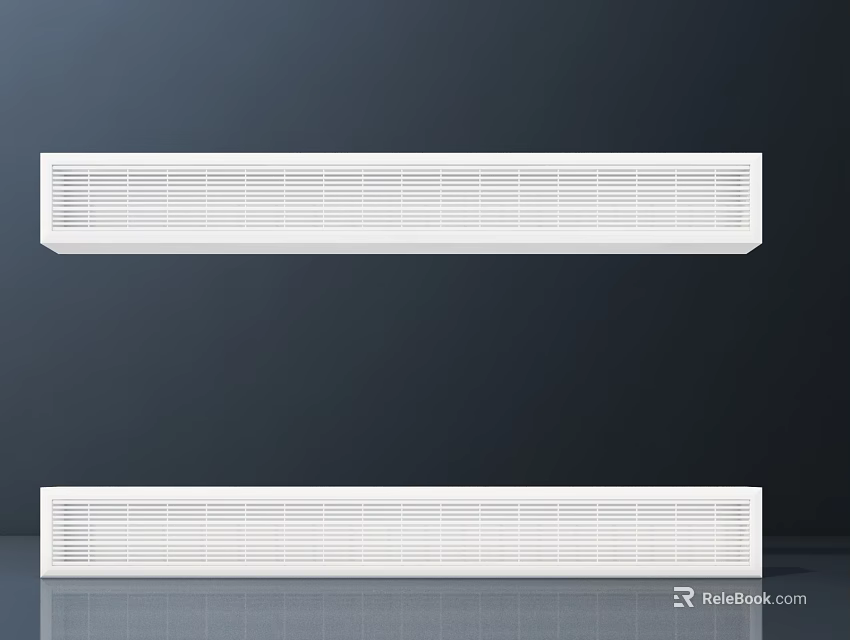 Two White Air Conditioner Vents With Modern Design On Dark Background And Reflective Floor 3d model 