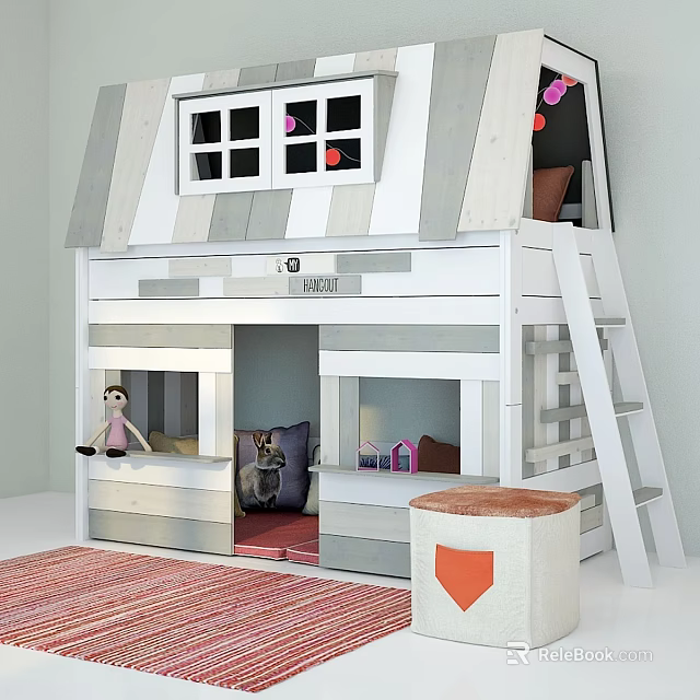 Cute Loft Kids Bed With Striped Roof Window Heart Decor And Underbed Play Space 3d model 