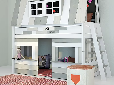 Cute Loft Kids Bed With Striped Roof Window Heart Decor And Underbed Play Space 3d model