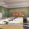 School Classroom Interior with Desks Chairs Blackboard Whiteboard Green Walls Windows and Bright Lighting