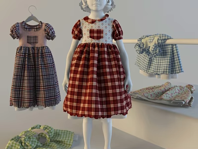 Cute Colorful Kids Plaid Dresses With Checkered Patterns Short Sleeves On 3d model