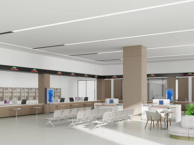 Spacious Modern Service Hall Interior With Service Counters Waiting Seats And Bright Lighting 3d model