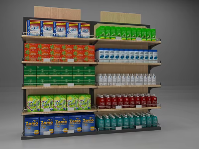 Retail Store Display Shelves With Multiple Tiers Holding Assorted Beverages And Packaged Products 3d model