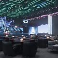 Modern Futuristic Bar Interior With Large Sculptural Installation Lighting Blue Sofas And Screens