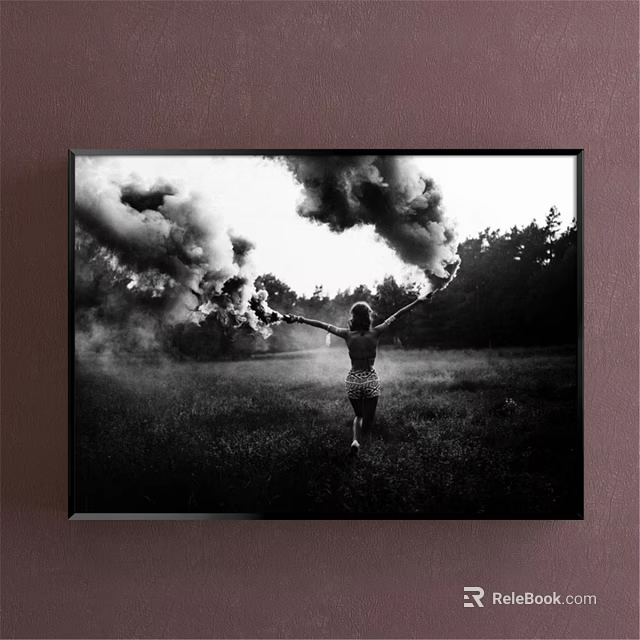 Black and White Portrait Painting Woman With Arms Outstretched Grass Field Smoke Clouds Black Frame 3d model 