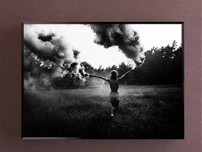 Black and White Portrait Painting Woman With Arms Outstretched Grass Field Smoke Clouds Black Frame 3d model