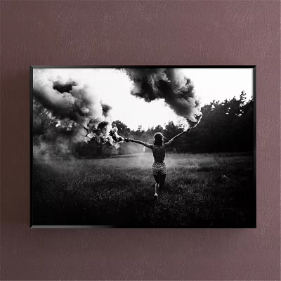 Black and White Portrait Painting Woman With Arms Outstretched Grass Field Smoke Clouds Black Frame 3d model