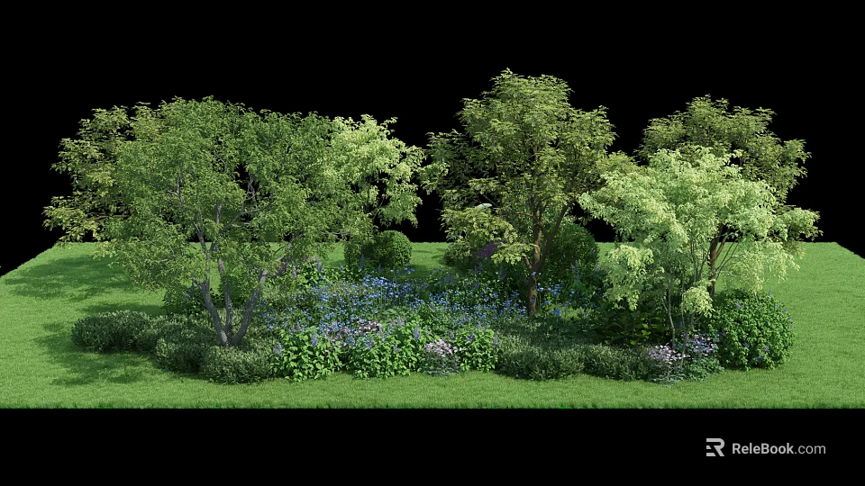 Lush Green Garden Landscape With Various Trees Grass And Colorful Flowers 3d model 
