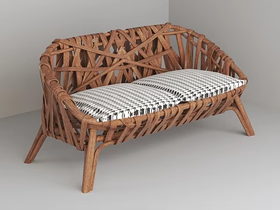 Handcrafted Natural Rattan Lounge Chair With Soft Checkered Seat Cushion Ideal For Relaxing Home Spaces 3d model