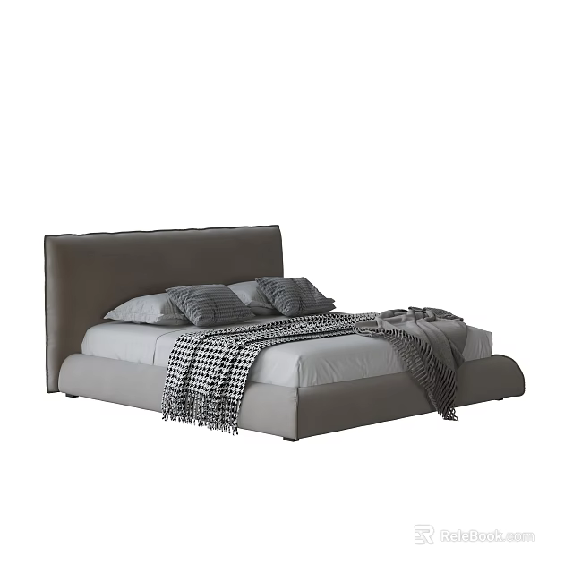 Modern Gray Double Bed With Upholstered Headboard Plaid Blanket And Pillows 3d model