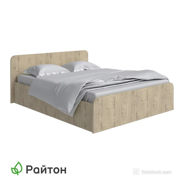 Simple Wooden Double Bed With Headboard Frame And White Pillows Duvet 3d model 
