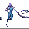 Game and Movie Character with Purple Hair Blue Bodysuit and Dynamic Mechanical Energy Structures