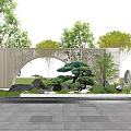 Modern Scenic Wall with Wooden Lattice Arched Design Green Plants Stones and Paved Ground
