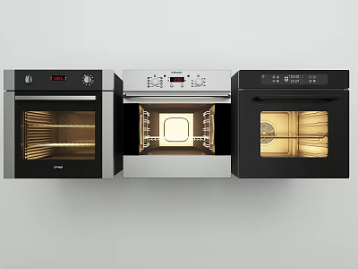Modern Kitchen Appliances Featuring Three Ovens With Open Door And Black Silver Design 3d model