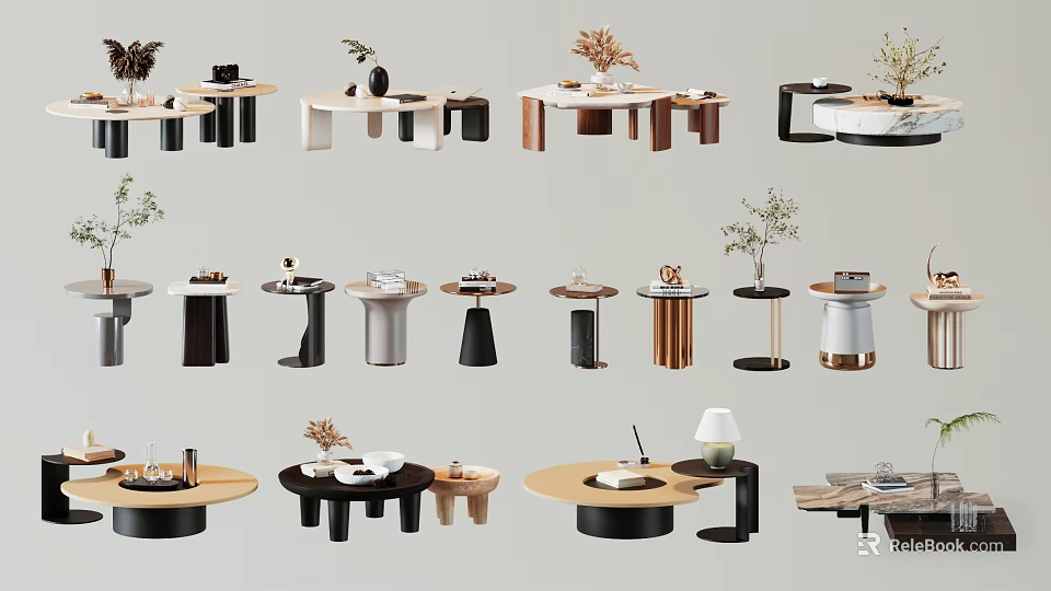 Modern Stylish Coffee Table Designs With Various Shapes Wooden Metal Marble Tops And Decorative Plants 3d model 