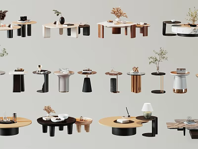 Modern Stylish Coffee Table Designs With Various Shapes Wooden Metal Marble Tops And Decorative Plants 3d model