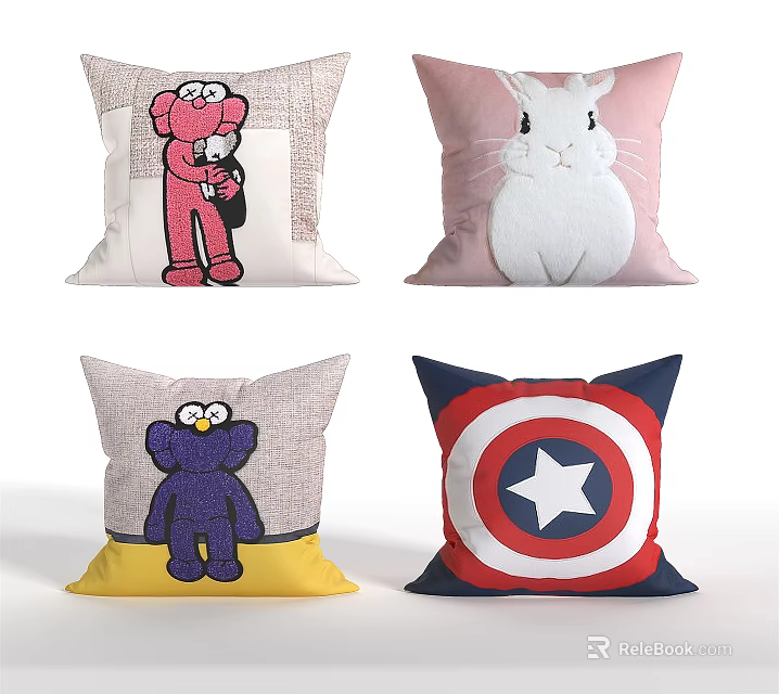 Cute Cartoon Character Throw Pillows with Rabbit Elmo Cookie Monster and Captain America Shield Designs 3d model 