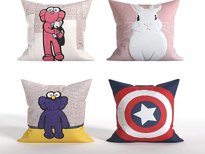 Cute Cartoon Character Throw Pillows with Rabbit Elmo Cookie Monster and Captain America Shield Designs 3d model