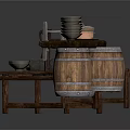 Vintage Kitchen Interior With Rustic Wooden Table Barrels Plates And Cooking Utensils