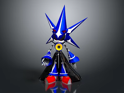Game And Movie Character With Blue Star Shaped Head Red Eyes Black Cape Red Boots 3d model