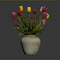 Gray Carved Vase Sculpture with Red Yellow Pink Tulips in Gray Background