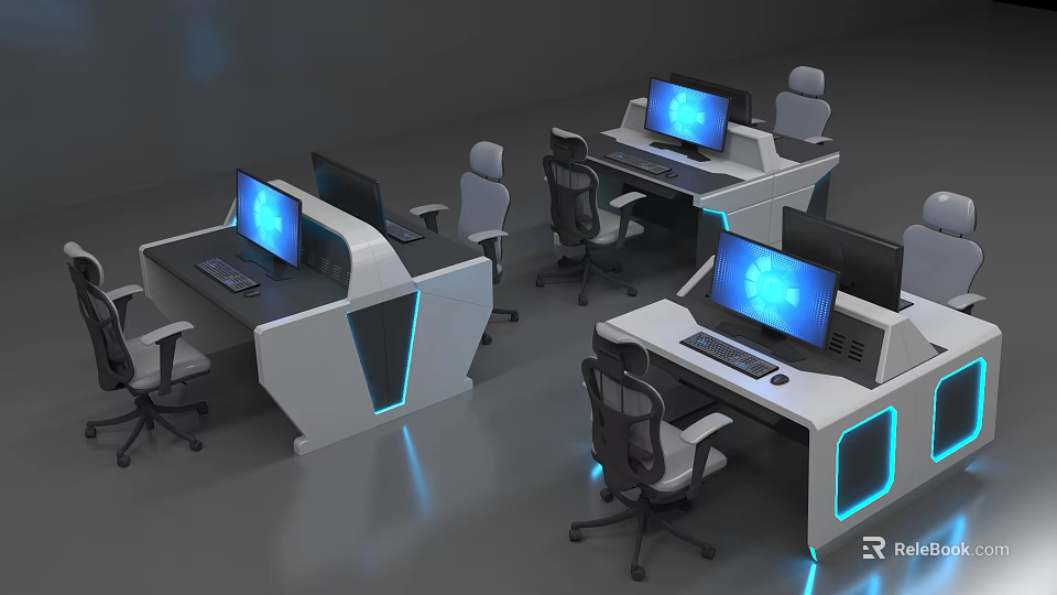 Modern Office Desks with Blue Screen Monitors and Ergonomic Office Chairs 3d model 