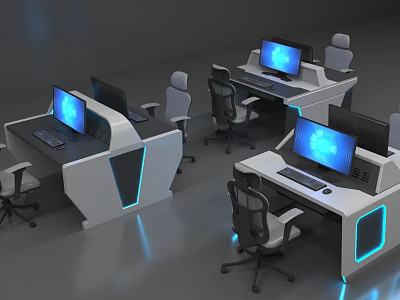 Modern Office Desks with Blue Screen Monitors and Ergonomic Office Chairs 3d model